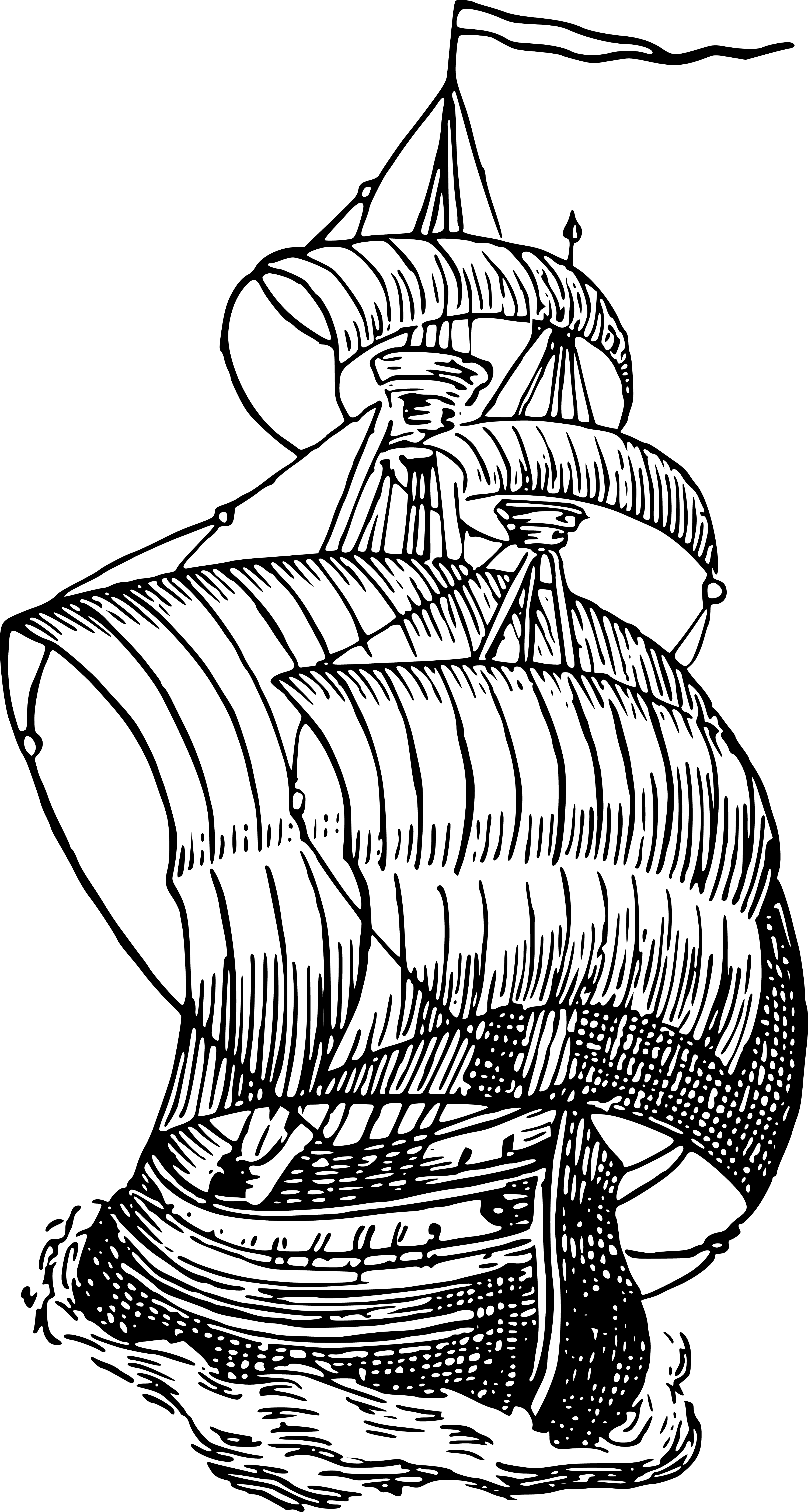 Pen-and-ink illustration of a tall sailing ship with full sails cresting a wave.